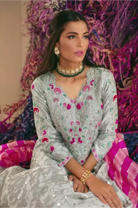 Silver anarkali with pink detailing with jamavar azaar & pink dupatta – SHK-1023 - Image 3