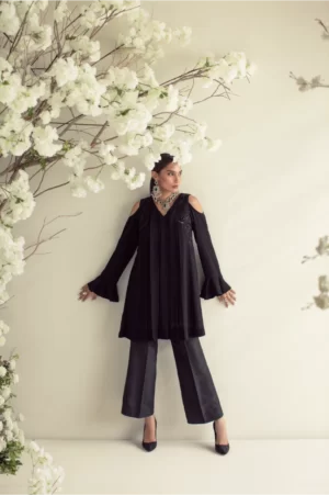 Black chiffon pleated top with black stone detailing paired with black flared pants – SHK-973