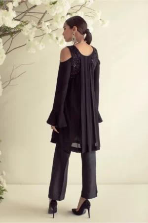 Black chiffon pleated top with black stone detailing paired with black flared pants – SHK-973