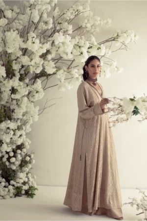 Beige embroidered kaftan with flared pants – SHK-966