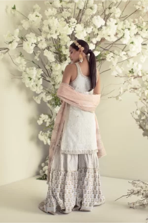 White handworked shirt with silver & gold detailing paired with block printed gharara & mukaish dupatta – SHK-964