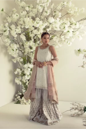 White handworked shirt with silver & gold detailing paired with block printed gharara & mukaish dupatta – SHK-964