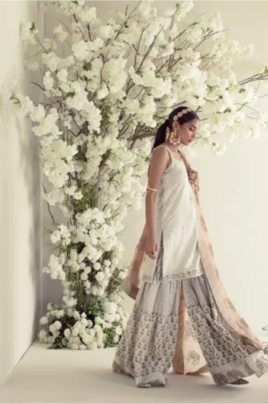 White handworked shirt with silver & gold detailing paired with block printed gharara & mukaish dupatta – SHK-964