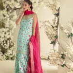 Mint digitally printed shirt with gold handwork detailing paired with matching gharara and hot pink organza dupatta – SHK-963 - Image 4