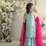 Mint digitally printed shirt with gold handwork detailing paired with matching gharara and hot pink organza dupatta – SHK-963 - Image 3