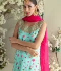 Mint digitally printed shirt with gold handwork detailing paired with matching gharara and hot pink organza dupatta – SHK-963