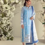 Light blue khaadi net shirt with white embroidery paired with light blue shalwar & white net dupatta – SHK-969
