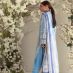 Light blue khaadi net shirt with white embroidery paired with light blue shalwar & white net dupatta – SHK-969 - Image 3