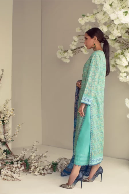 Olive green & blue block printed shirt with matching dupatta & azaar – SHK-977 - Image 2
