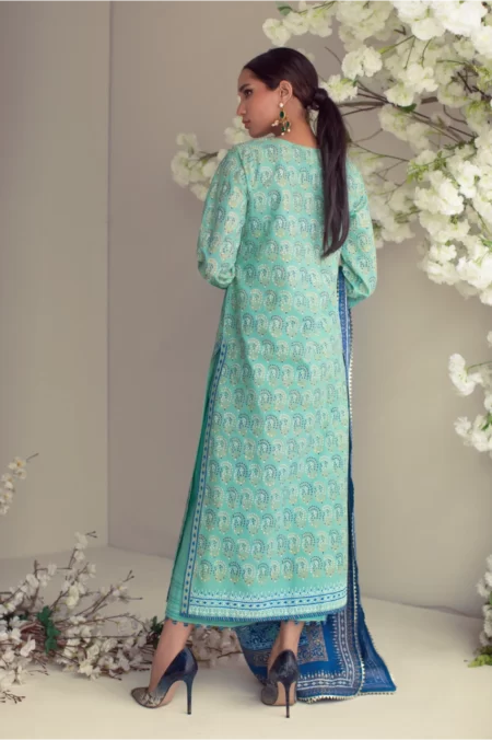 Olive green & blue block printed shirt with matching dupatta & azaar – SHK-977 - Image 3