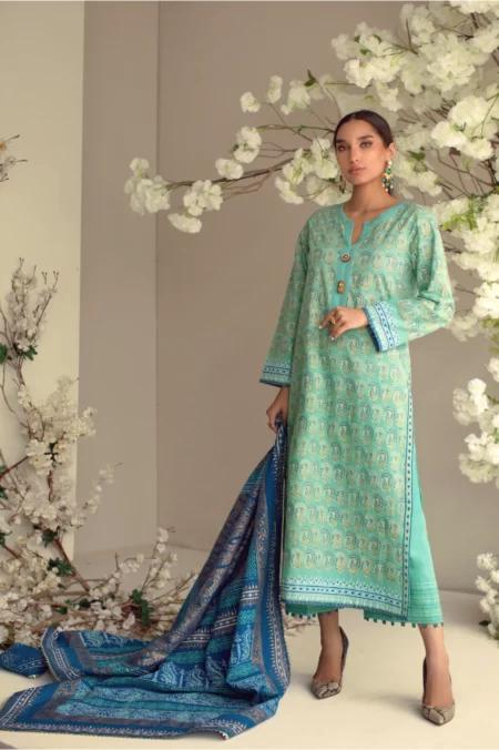 Olive green & blue block printed shirt with matching dupatta & azaar – SHK-977