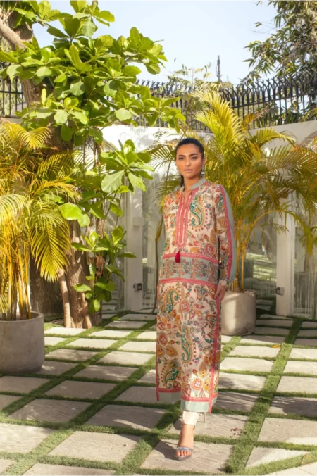 Beige Block Printed Kaftan with Matching Duppatta – SHK-938
