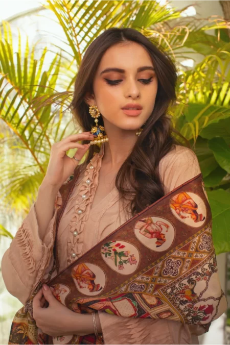 Tea Pink Pleated Long Shirt with Mughal Miniature Digital Printed Dupatta – SHK-936 - Image 4