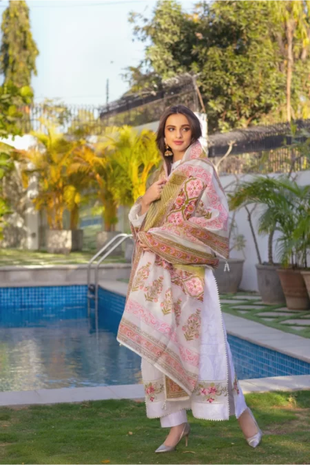 White Chikankari Kurta with Block Printed Dupatta – SHK-934 - Image 2