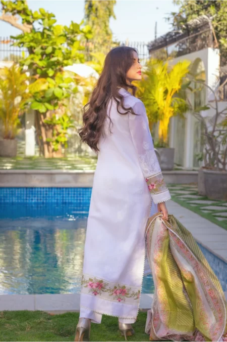 White Chikankari Kurta with Block Printed Dupatta – SHK-934 - Image 3