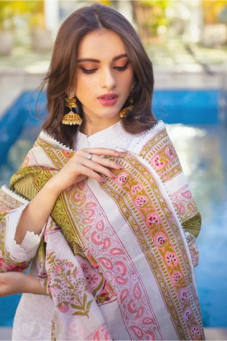 White Chikankari Kurta with Block Printed Dupatta – SHK-934 - Image 4