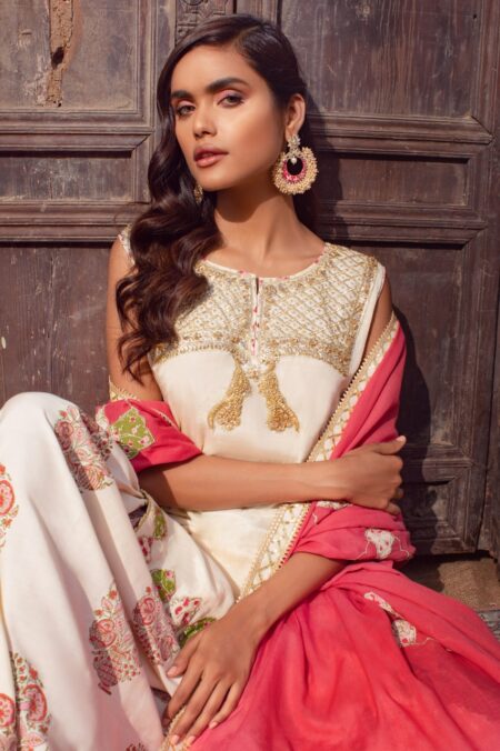 Off White Peackok Gotta Work Shirt With Block Print Garara & Red Aplique Work Dupatta | SHK-782 - Image 2