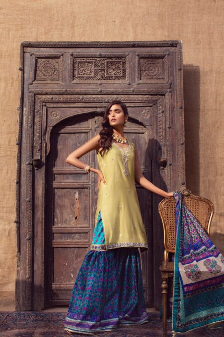 Olive Khaadi Silk Gold Hand Work Shirt With Turquoise Block Print Garara & Dupatta | SHK-781