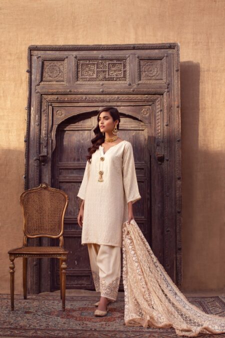 Beige Embroided Shirt With Gotta Detailing & Net Embroided Dupatta With Embroided Shalwar | SHK-779