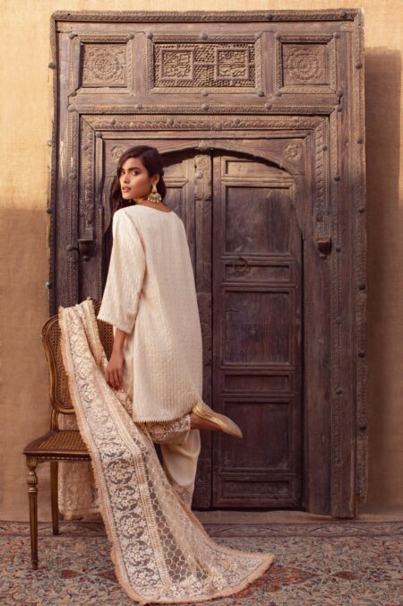 Beige Embroided Shirt With Gotta Detailing & Net Embroided Dupatta With Embroided Shalwar | SHK-779 - Image 2