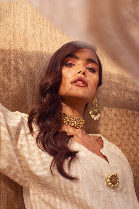 Beige Embroided Shirt With Gotta Detailing & Net Embroided Dupatta With Embroided Shalwar | SHK-779 - Image 3