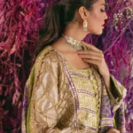 Tea pink & purple shirt with gotaa detailing paired with shalwar & blockprinted dupatta – SHK-1028