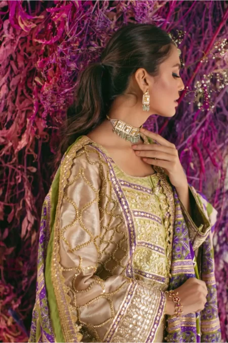 Tea pink & purple shirt with gotaa detailing paired with shalwar & blockprinted dupatta – SHK-1028