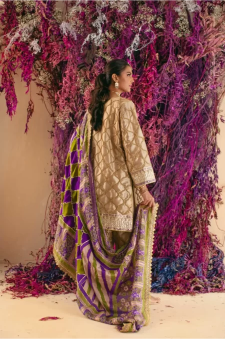 Tea pink & purple shirt with gotaa detailing paired with shalwar & blockprinted dupatta – SHK-1028 - Image 3
