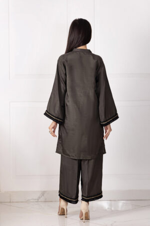 Olive Green Pk Raw Silk Black Lace Shirt With Olive Azaar | SHK-869