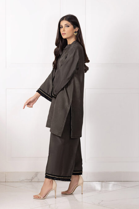 Olive Green Pk Raw Silk Black Lace Shirt With Olive Azaar | SHK-869 - Image 2