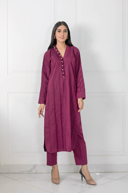 Plum Pleated Long Shirt+Plum Capri | SHK-713