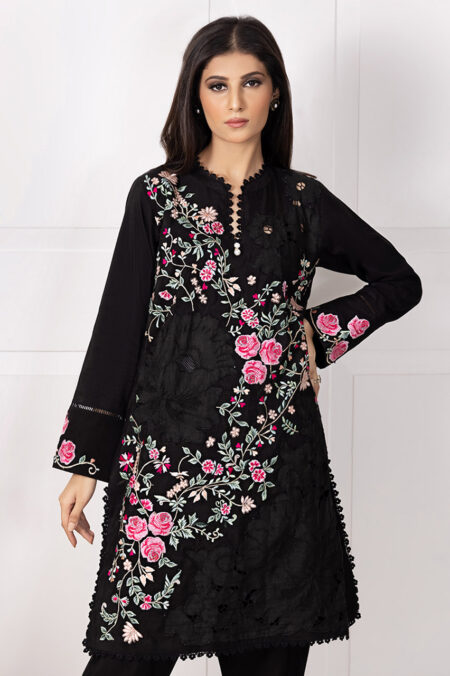Black Cotton Pink Shaded Full Embroided Cut Work Shirt With Khadar Shalwar & Chiffon Shaded Dupatta | SHK-871 - Image 5