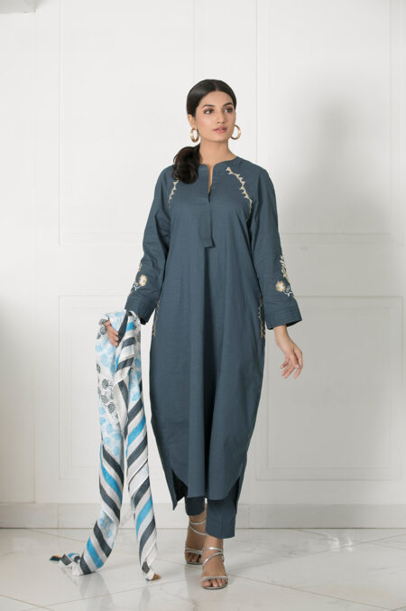 Teal Blue & Beige Embroided Shirt | SHK-737