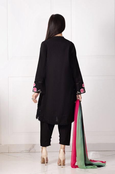 Black Cotton Pink Shaded Full Embroided Cut Work Shirt With Khadar Shalwar & Chiffon Shaded Dupatta | SHK-871 - Image 4