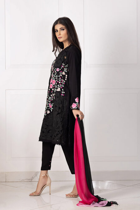 Black Cotton Pink Shaded Full Embroided Cut Work Shirt With Khadar Shalwar & Chiffon Shaded Dupatta | SHK-871 - Image 3
