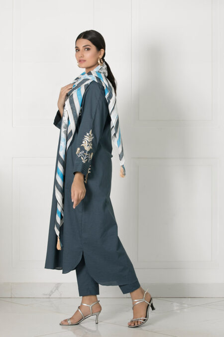 Teal Blue & Beige Embroided Shirt | SHK-737 - Image 4