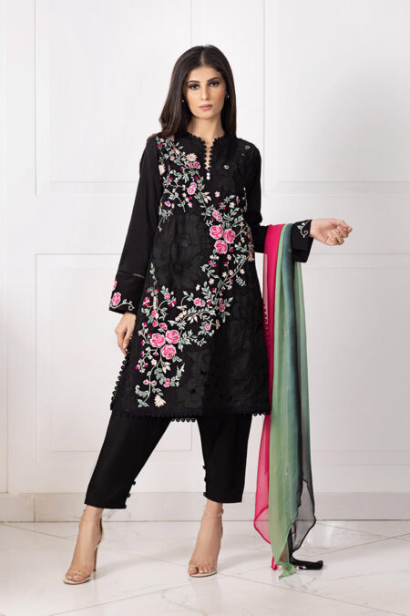 Black Cotton Pink Shaded Full Embroided Cut Work Shirt With Khadar Shalwar & Chiffon Shaded Dupatta | SHK-871