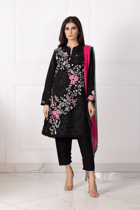 Black Cotton Pink Shaded Full Embroided Cut Work Shirt With Khadar Shalwar & Chiffon Shaded Dupatta | SHK-871 - Image 2