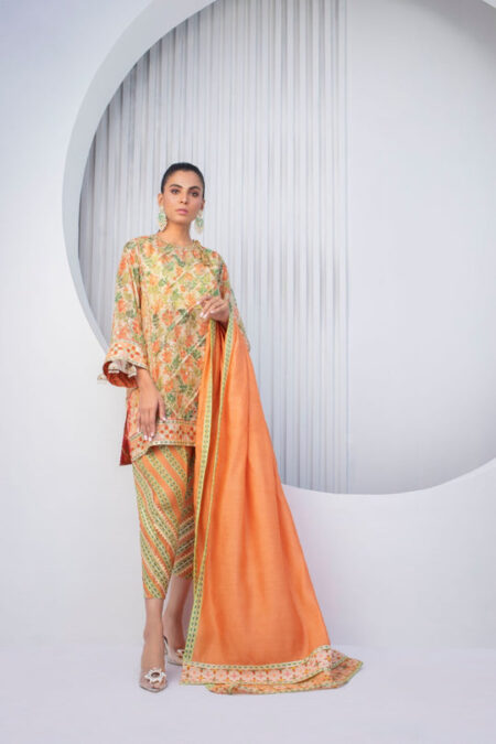 Tangerine Cotton Net Kurta and Dupatta