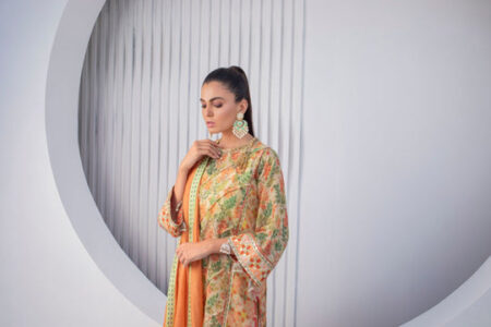 Tangerine Cotton Net Kurta and Dupatta - Image 4