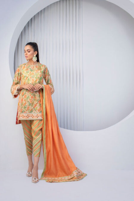 Tangerine Cotton Net Kurta and Dupatta - Image 5