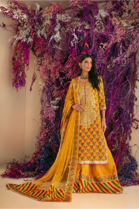 Yellow blockprinted shirt with heavy gotaa work paired with gold jamavar farshi gharara & yellow net dupatta with detailing – SHK-1017
