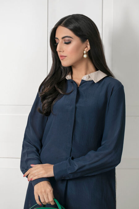 Navy Blue Front & Back Beige Block Print Crepe Slik Shirt | SHK-679 - Image 3