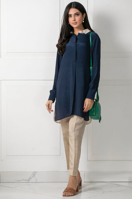 Navy Blue Front & Back Beige Block Print Crepe Slik Shirt | SHK-679