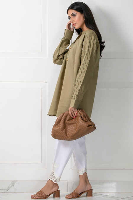 Olive Irish Box Pleated Sleeves Shirt | SHK-674 - Image 2