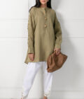Olive Irish Box Pleated Sleeves Shirt | SHK-674