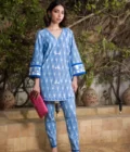 Pakistani Designer Fusion Wear For Women-Light Blue Cotton Tunic With Detailing Paired With Matching Capri Pants - SHK-1058
