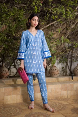 Pakistani Designer Fusion Wear For Women-Light Blue Cotton Tunic With Detailing Paired With Matching Capri Pants - SHK-1058
