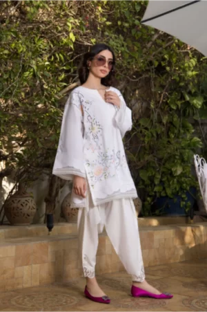 Pakistani Dresses Online Shop-White Firdous Tunic With Cutwork Detailing Paired With Embroidered Shalwar - SHK-1060