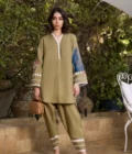 Online Shopping Dress Pakistani - Olive Green Screen Printed Shirt With Detailing Paired With Matching Shalwar - SHK-1061